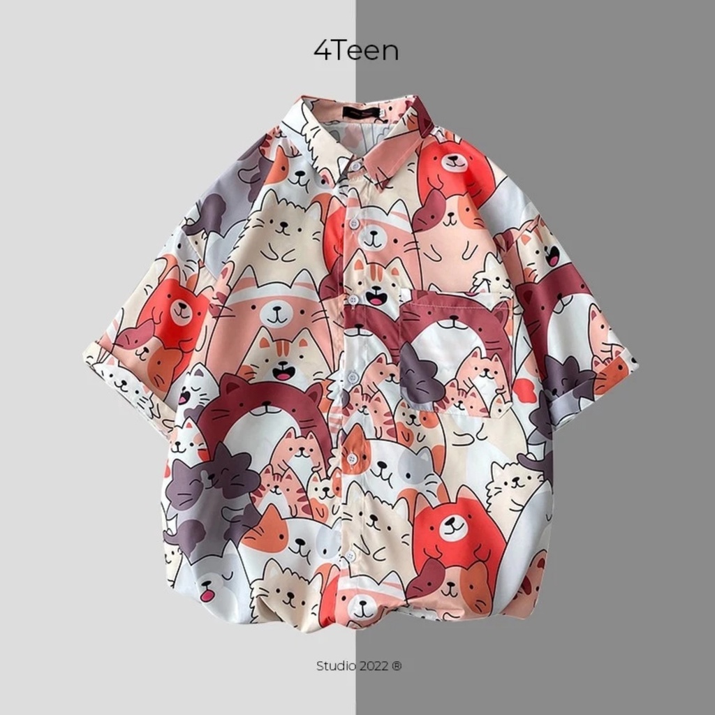 Áo sơ mi họa tiết mèo unisex 4Teen studio đi biển, thoáng mát, form rộng