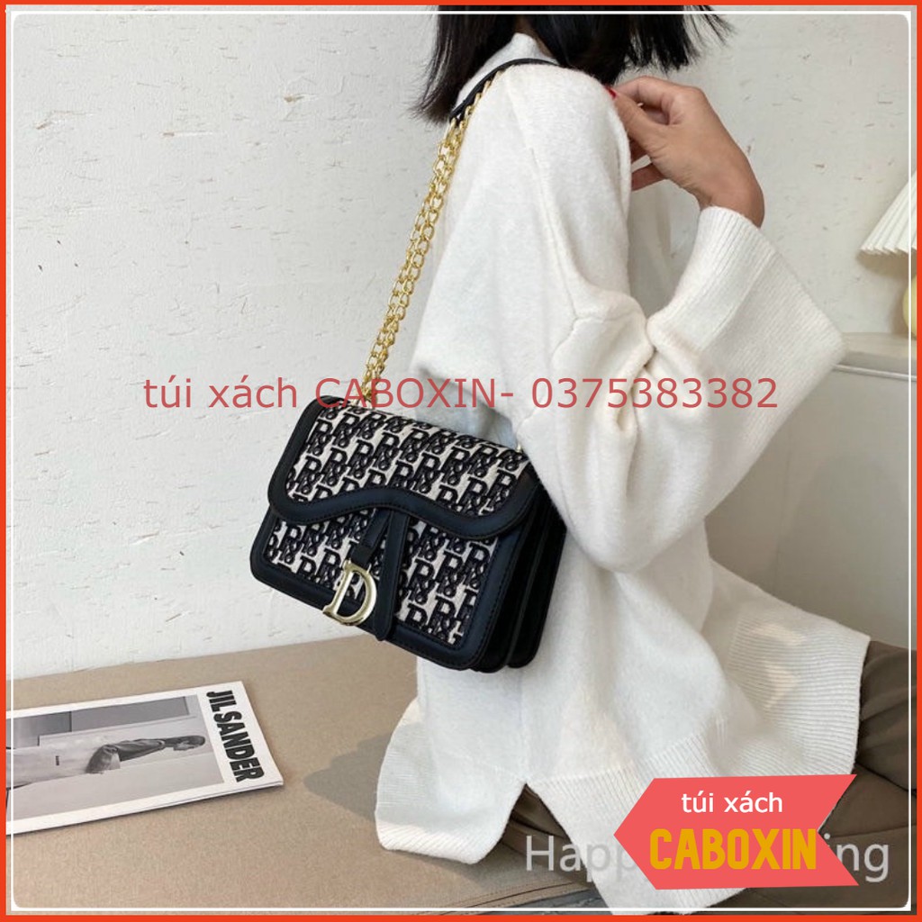 túi xách nữ D treo in chìm dây xích pha da thời trang