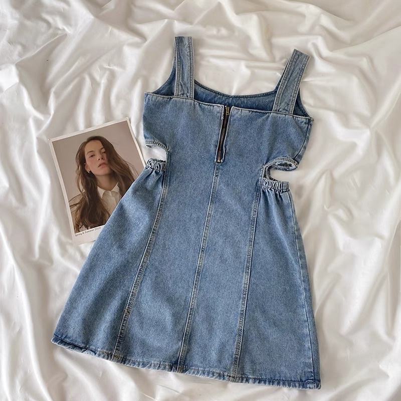 Váy Jeans Denim Quảng Châu (loại 1) Hình thật, Đầm denim dáng ngắn Ulzzang Style