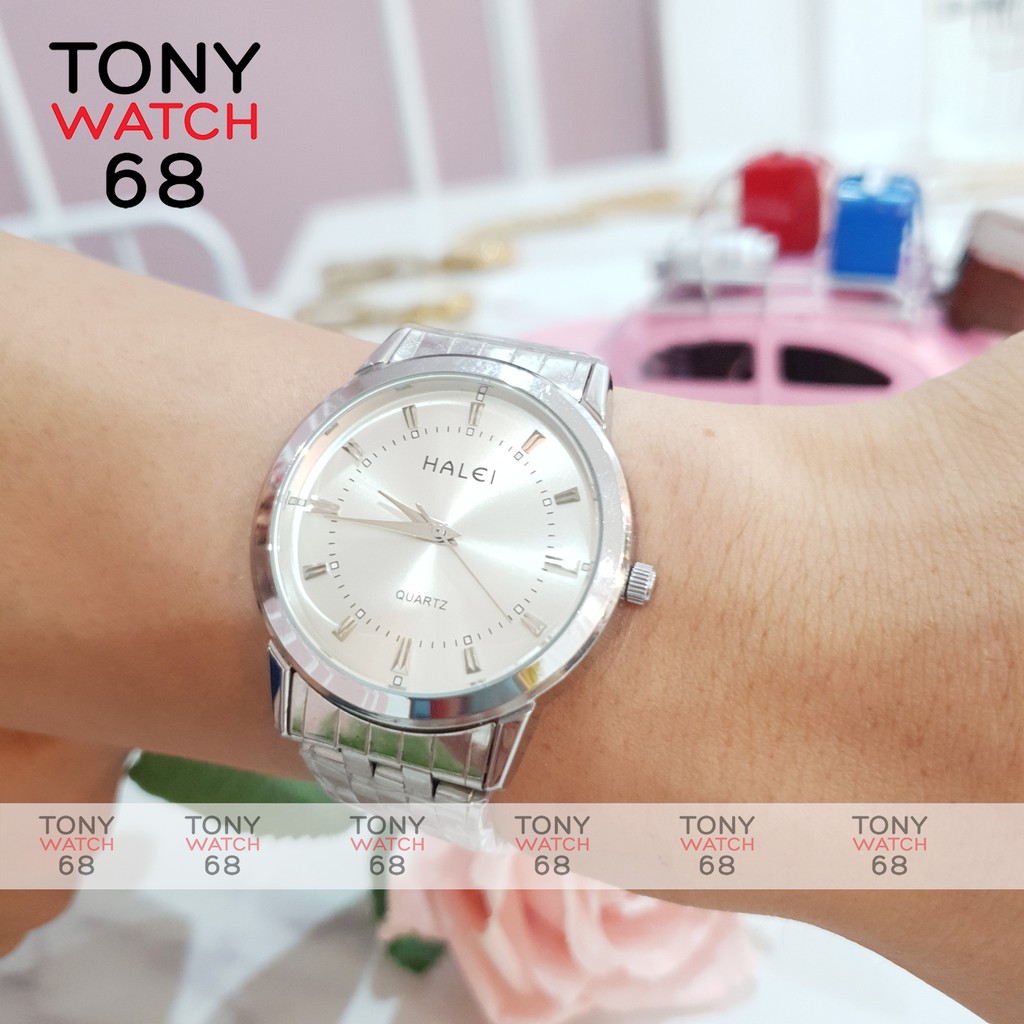 Đồng hồ cặp đôi nam nữ Halei đeo tay dây kim loại vàng bạc số vạch đơn giản chính hãng | BigBuy360 - bigbuy360.vn