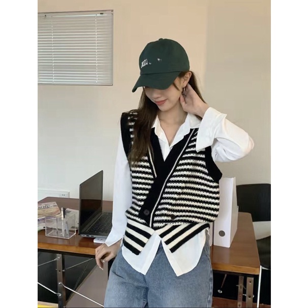 Set Áo Ghi Lê Len Sọc Ngang Kết Hợp Sơ Mi Trắng  - Thời Trang Thu Đông Nữ