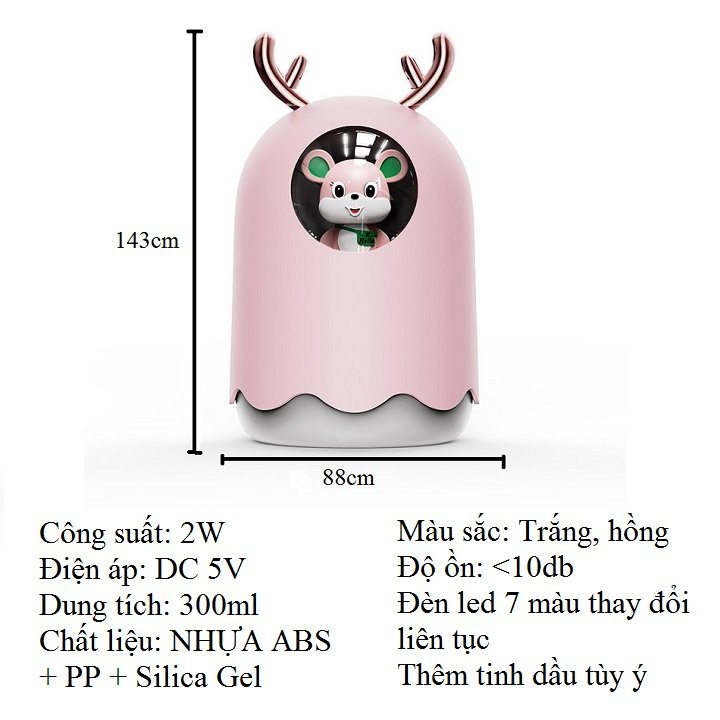 Máy phun sương tạo độ ẩm không khí bằng công nghệ siêu âm nano hình thú cute có đèn led 7 màu làm đèn ngủ tiện lợi