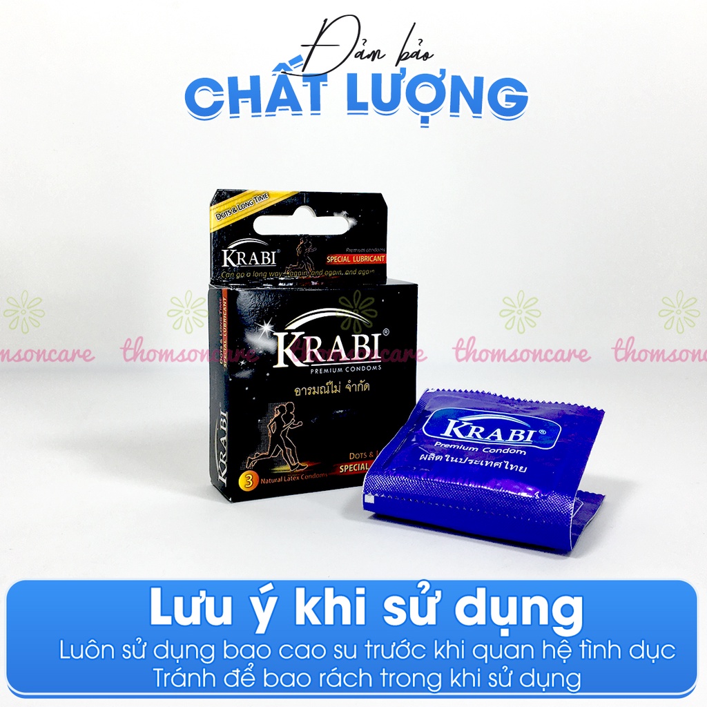 Bao cao su Thái Lan Krabi - bcs siêu mỏng, kéo dài, có gân gai - Hộp 3 chiếc condom