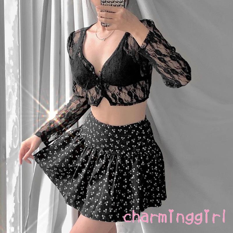 Áo croptop tay dài cổ chữ V phối ren quyến rũ dành cho nữ