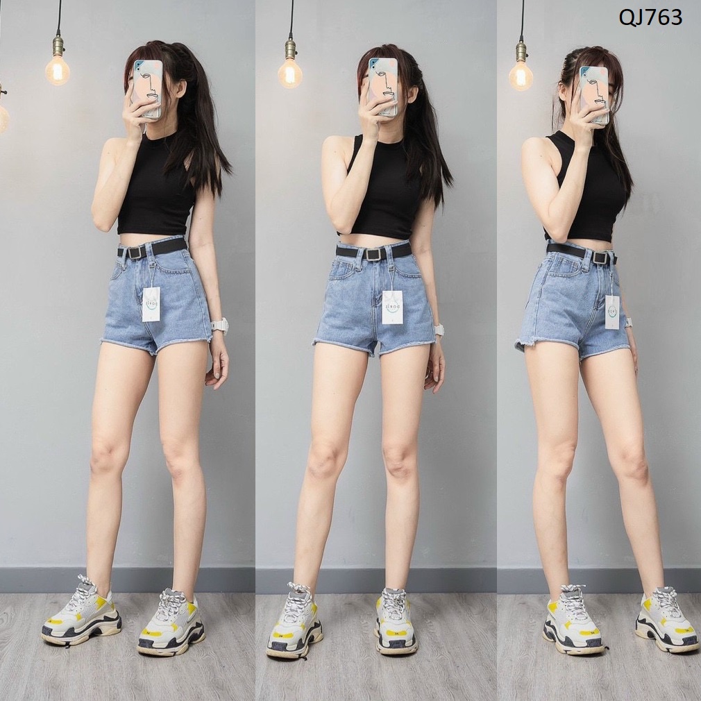 Quần short jean nữ lưng cao trơn cơ bản QJ763