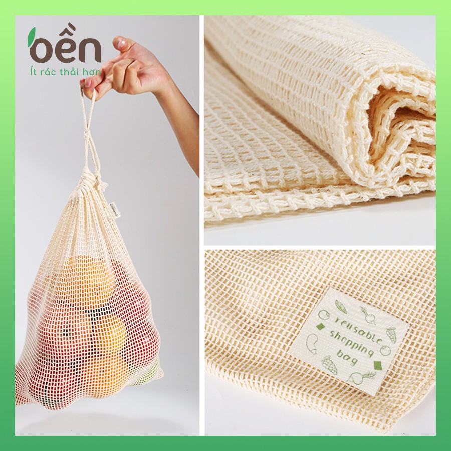 Túi Lưới Cotton Dây Rút Màu Trắng  đi chợ, siêu thị thay thế túi nilong bảo vệ môi trường
