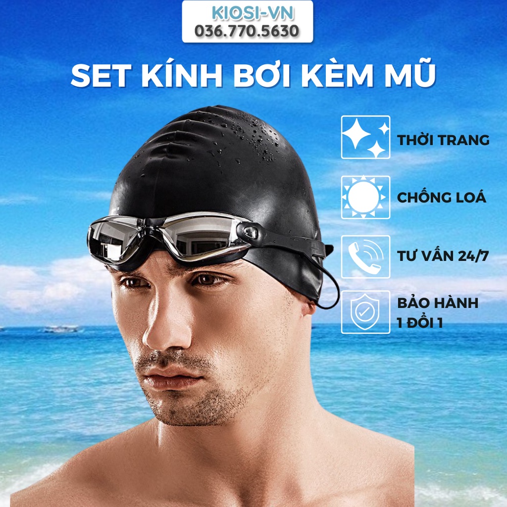 Set Kính bơi kèm mũ chống tia UV, Kính tráng gương dành cho người lớn trẻ em BH 1 ĐỔI 1