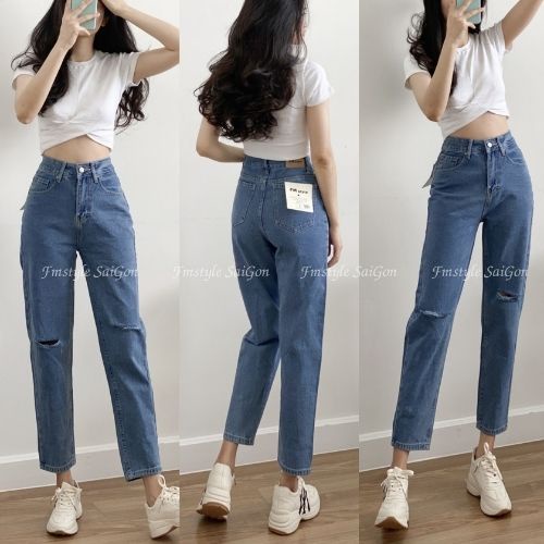 Quần jean baggy nữ VM STYLE rách gối (không co giãn) ulzzang thời trang 22QJB03AS1102