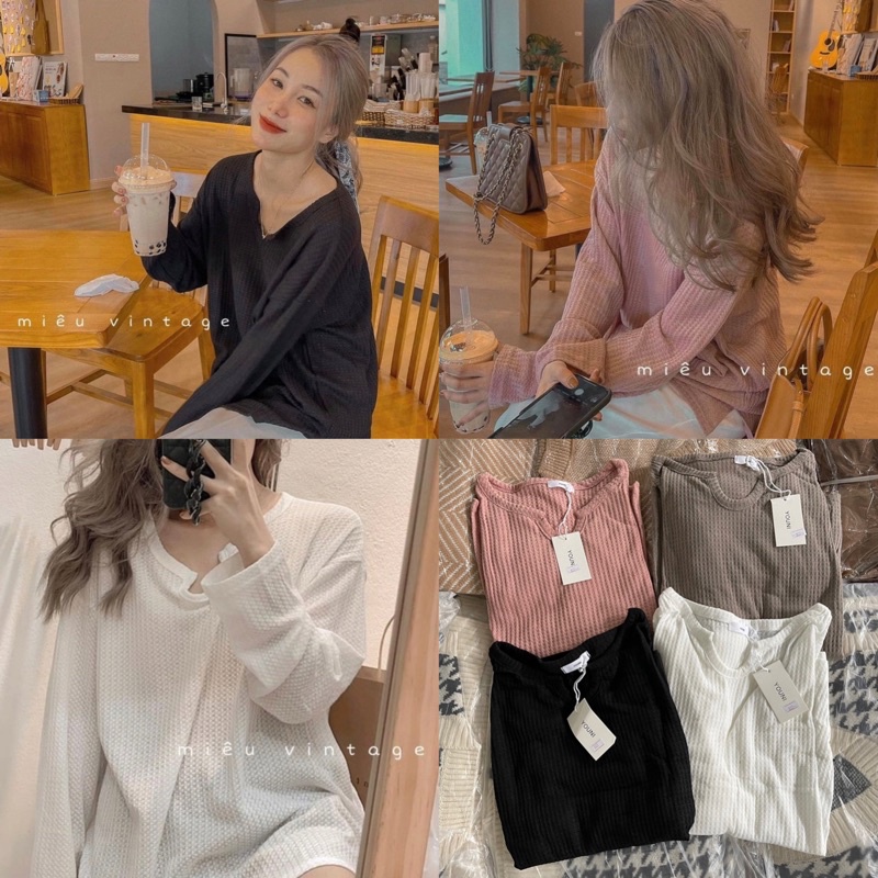 [Hàng sẵn] Áo thun trơn len mỏng cổ chữ c- Áo thun nữ dài tay QUẢNG CHÂU