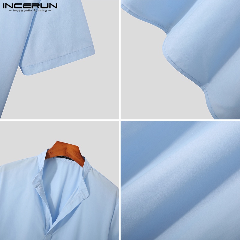 Áo sơ mi cotton INCERUN ngắn tay cổ chữ v màu trơn thời trang mùa hè cho nam