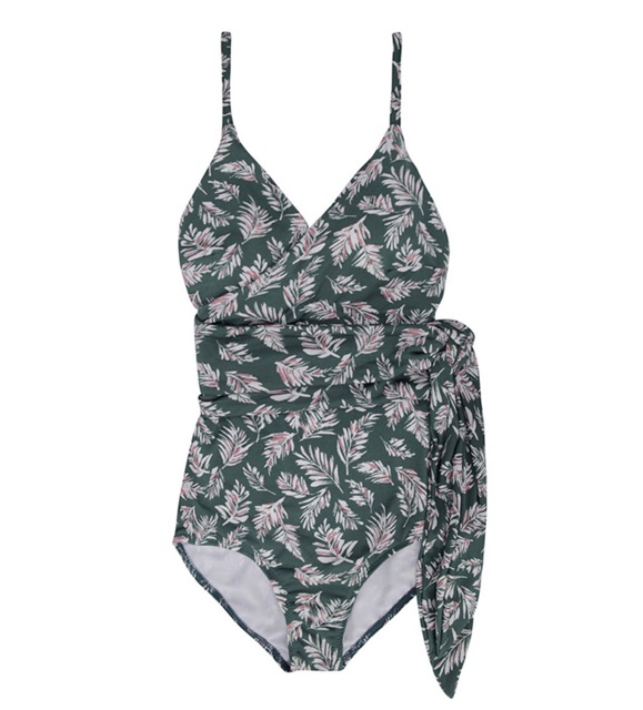 Bikini , đồ bơi nữ 1 mảnh hai dây eo buộc hoạ tiết lá màu xanh trắng