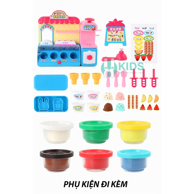 Đồ chơi máy bán kem có đèn với đất nặn nhiều màu kèm sẵn nhiều phụ kiện làm kem hình dáng dễ thương cho bé