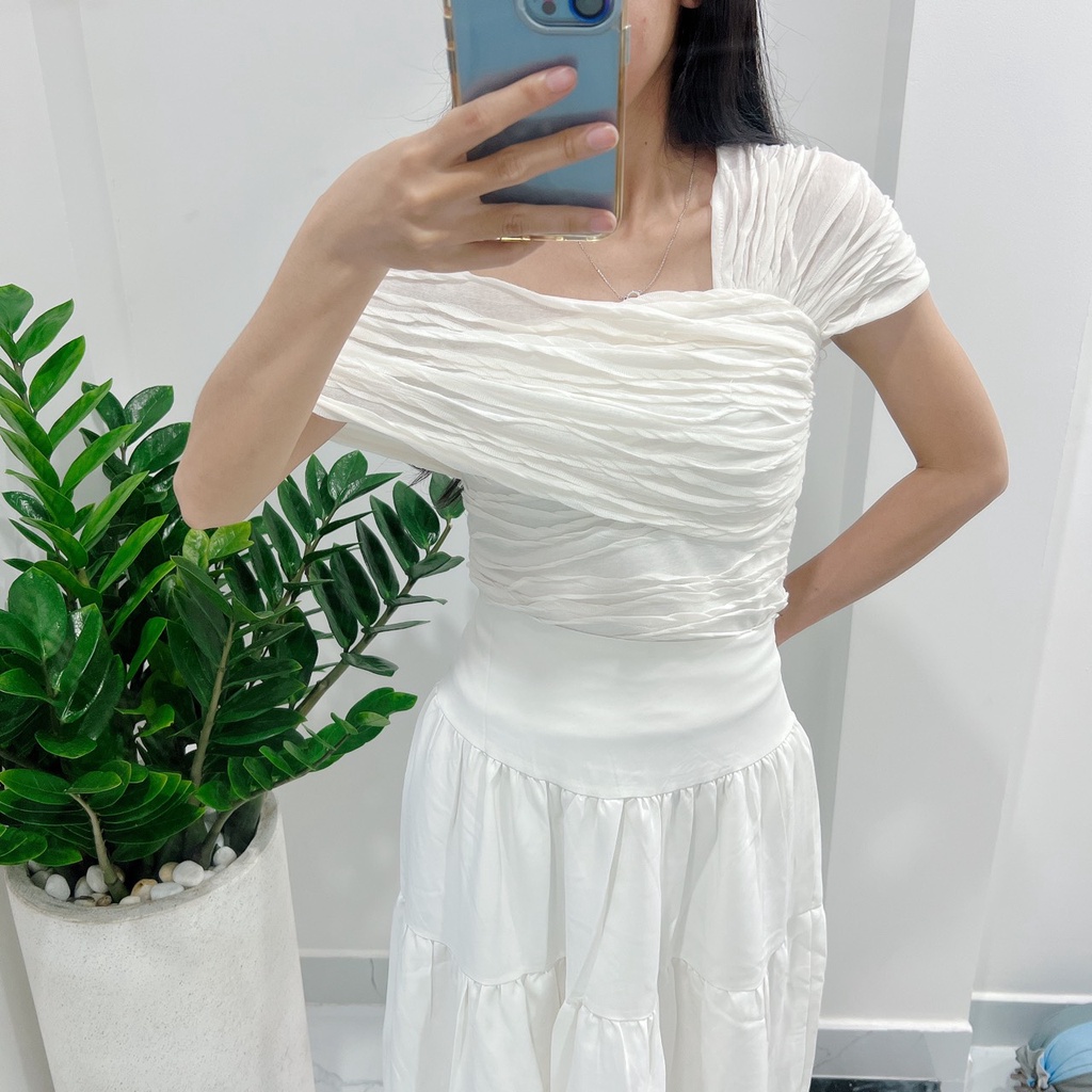 [Ảnh thật] Áo thun gợn sóng lệch vai