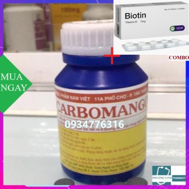 Combo Biotin 5mg+ Carbomango đầy bụng, đầy hơi, khó tiêu, tiêu chảy....( chai 100 viên)
