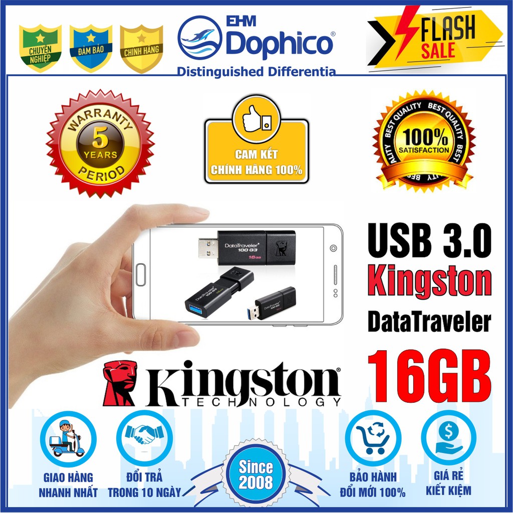 USB Kingston 16GB – USB 3.0 – DataTraveler 100G3 – CHÍNH HÃNG – Bảo hành 5 năm