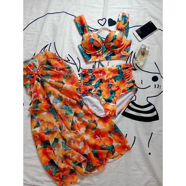 bikini set 3 mon đi biển rất xinh gồm bộ gọng kềm khăn cột bông cam