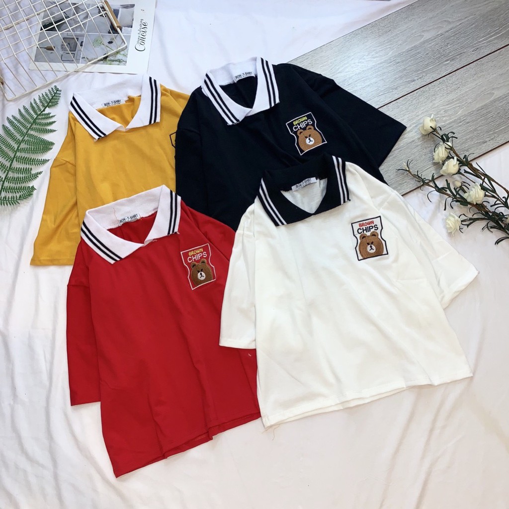 Áo polo croptop mẫu sọc cổ thêu gấu Brown xinh xắn