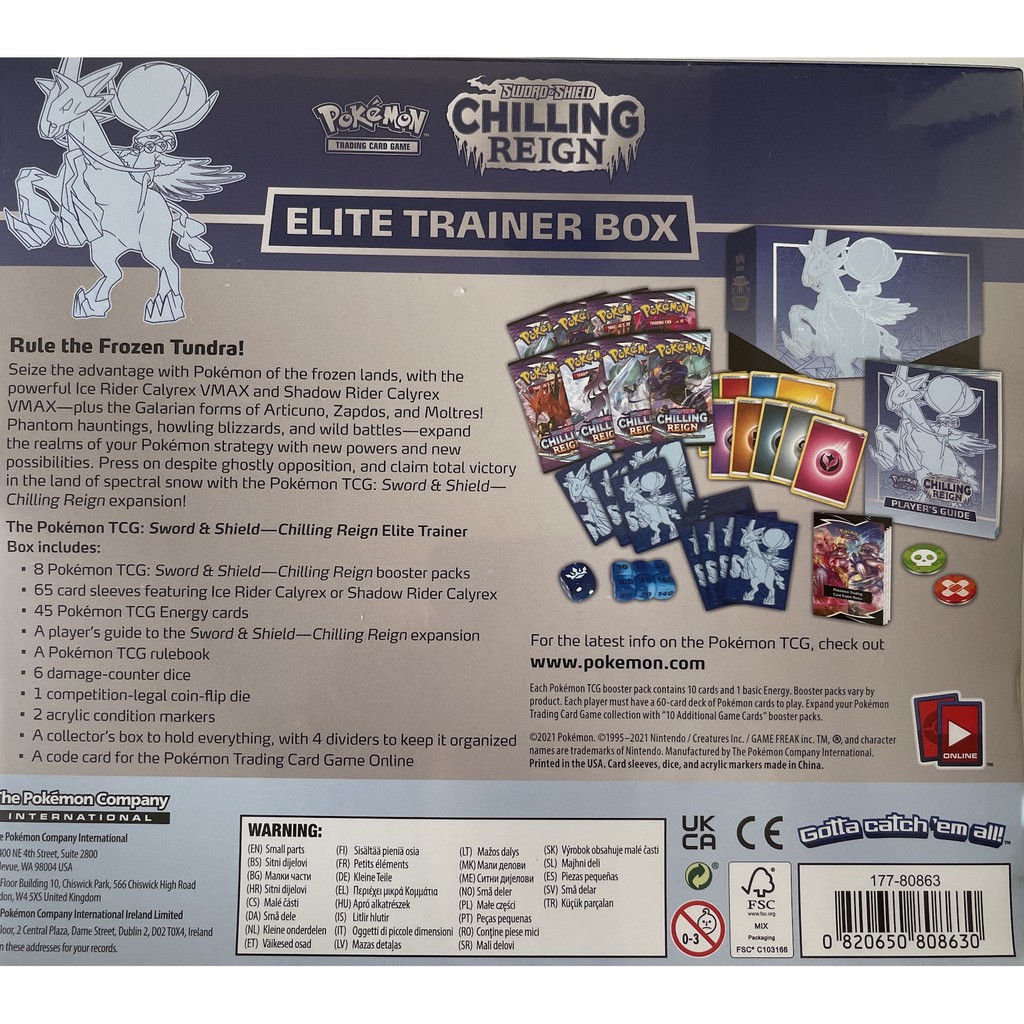 Hộp 8 gói thẻ bài Pokemon TCG - Sword & Shield Chilling Reign Elite Trainer Box Ice/Shadow Rider Calyrex