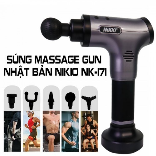 Súng massage gun chính hãng Nhật Bản Nikio NK-171 - Xám - 6 đầu, 5 chế độ - GIÁ HOT