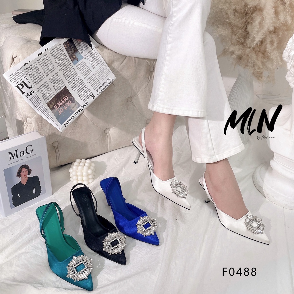 GIÀY CAO GÓT NỮ SLINGBACK GÓT NHỌN 5P BÍT MŨI SATIN PHỐI KHÓA ĐÁ TỦA F0488
