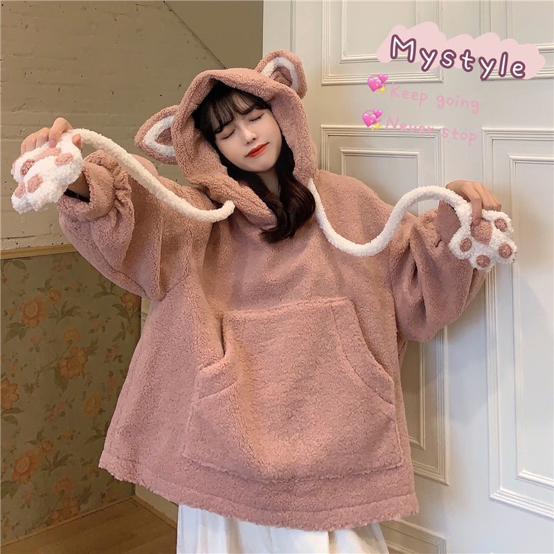 Áo hoodie tai gấu dày dặn form rộng thời trang nữ 2021