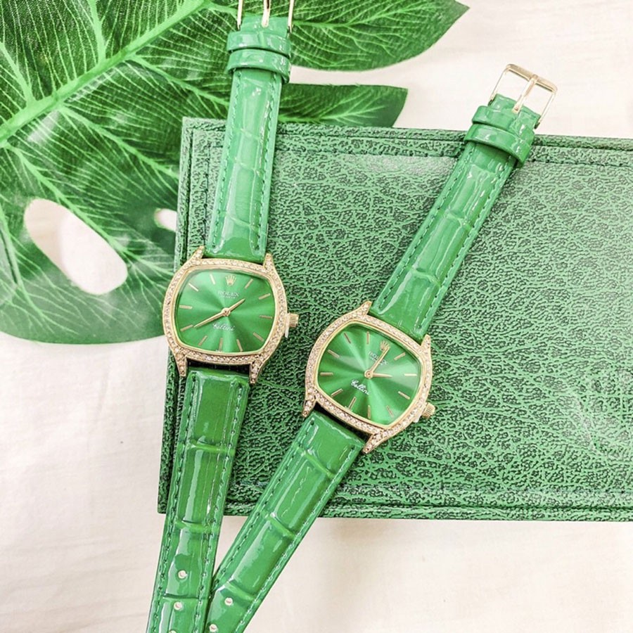 Đồng hồ nữ rolex mặt vuông đính đá dây da cao cấp - bảo hành 12 tháng