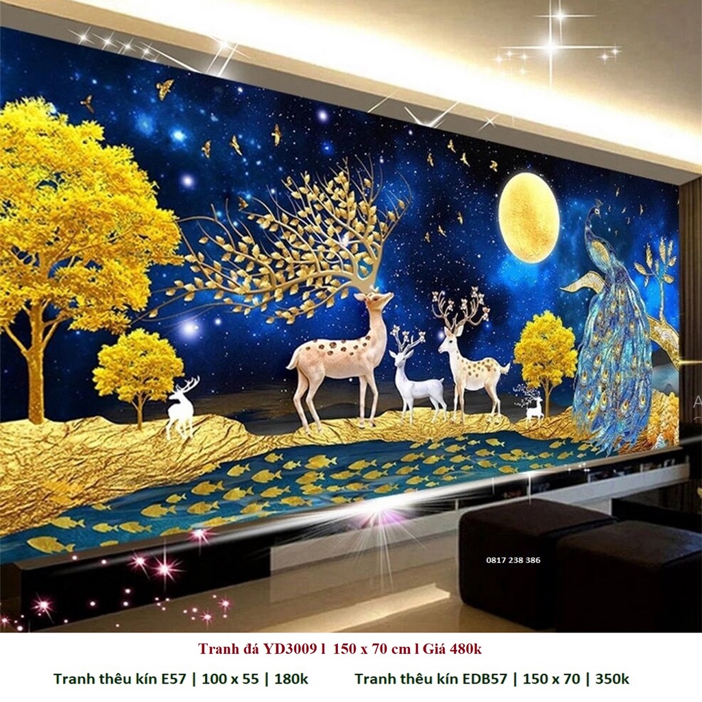 TRANH ĐÍNH ĐÁ CAO CẤP ( GIÁ SỈ)  PHONG CẢNH HƯƠU NAI TÀI LỘC YD3009 (150X70CM), tranh thêu E57 (50x100). EDB57 (150x70)