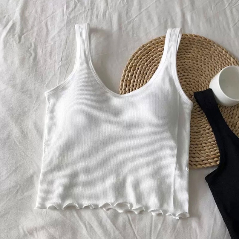 Brroa Áo Crop Top Dây Bản Rộng Cơ Bản Với Áo Ngực Gân Dệt Kim Mỏng Màu Trơn Thể Thao Viền Lettuce Hem Cho Nữ
