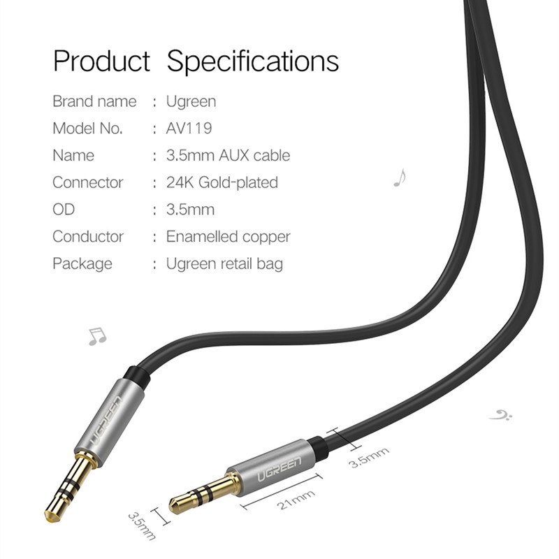 Cáp âm thanh UGREEN chuyển đổi từ đầu cắm sang đầu cắm 3.5mm dành cho xe hơi