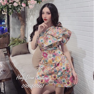 Váy hoa lệch vai đính nơ 🎀 ảnh thật