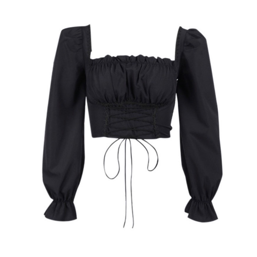 Áo kiểu bigsize 45-90kg, áo croptop tay dài big size phối ren dây đan chéo trước eo phong cách ullzang AC09
