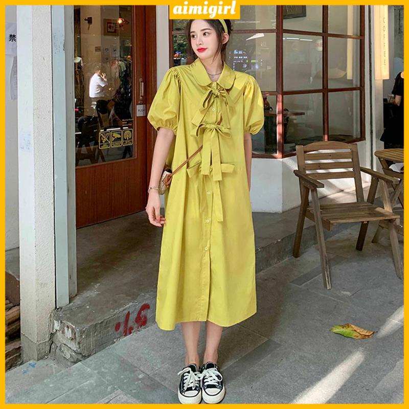 Đầm Midi Dáng Rộng Tay Ngắn In Họa Tiết Trái Tim Đính Nơ Phong Cách Pháp Thời Trang Mùa Hè Xinh Xắn Cho Nữ
