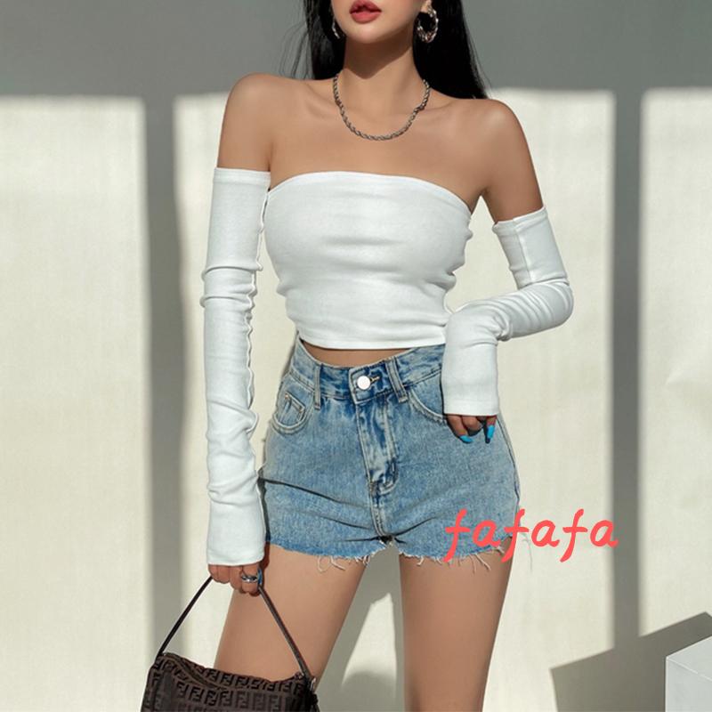 Áo Croptop Tay Dài Cổ Thuyền Màu Trơn Thời Trang Mùa Hè Cho Nữ