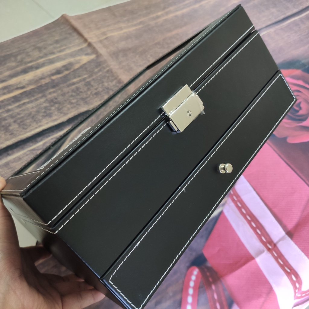 Hộp đựng đồng hồ, hộp đựng 12 đồng hồ và trang sức 2 tầng bọc da màu đen sang trọng