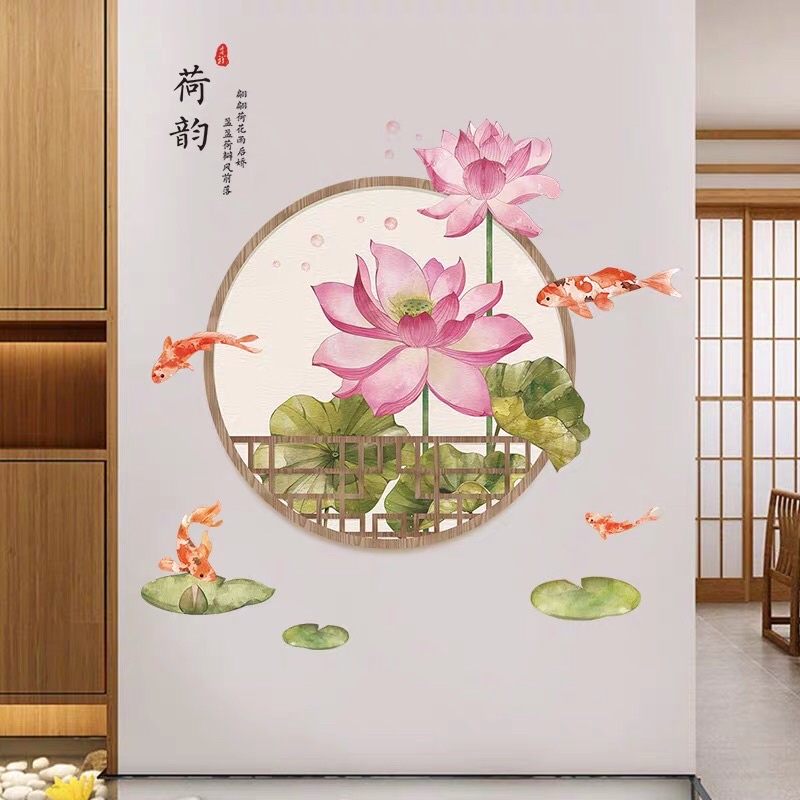 Tranh dán tường, Decal dán tường sen cá khung tròn