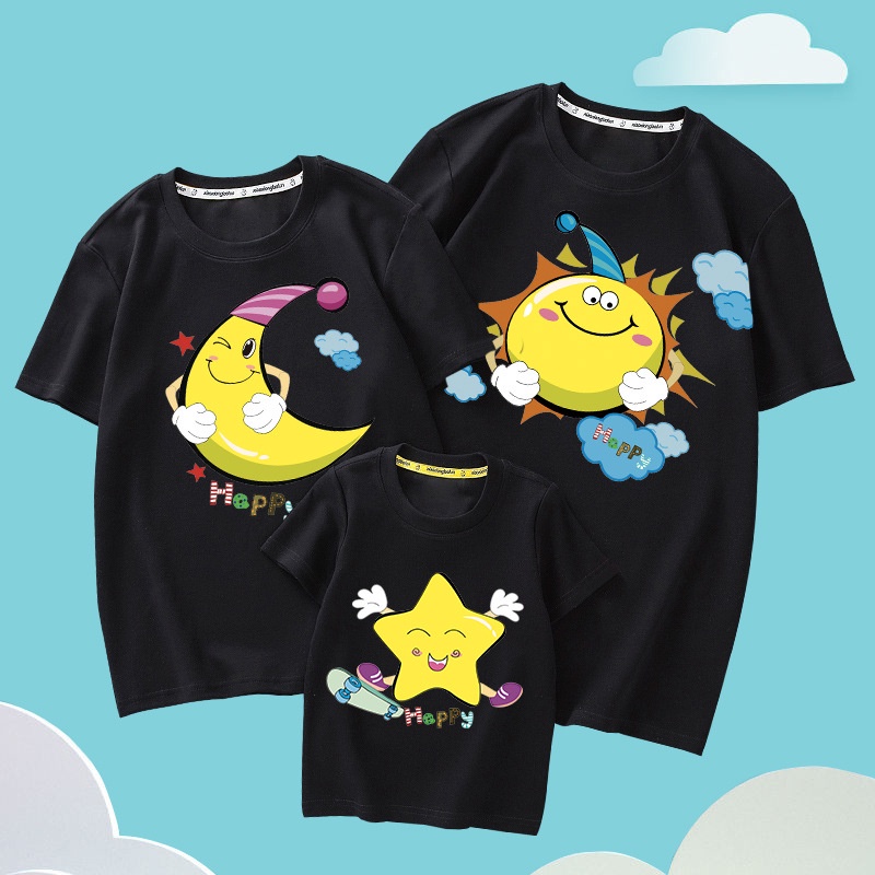 Áo gia đình Familylove-Mẫu Đồng phục gia đình Họa Tiết Mặt Trời,Mặt Trăng,Ngôi Sao Hopp chất liệu cotton 100% co giãn