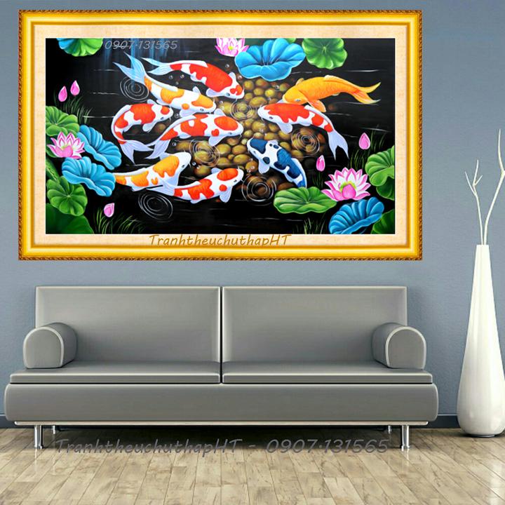 Tranh thêu chữ thập cá cửu ngư quần hội KT:99x55cm, tranh chưa thêu chưa khung, Tặng kéo và sỏ chỉ