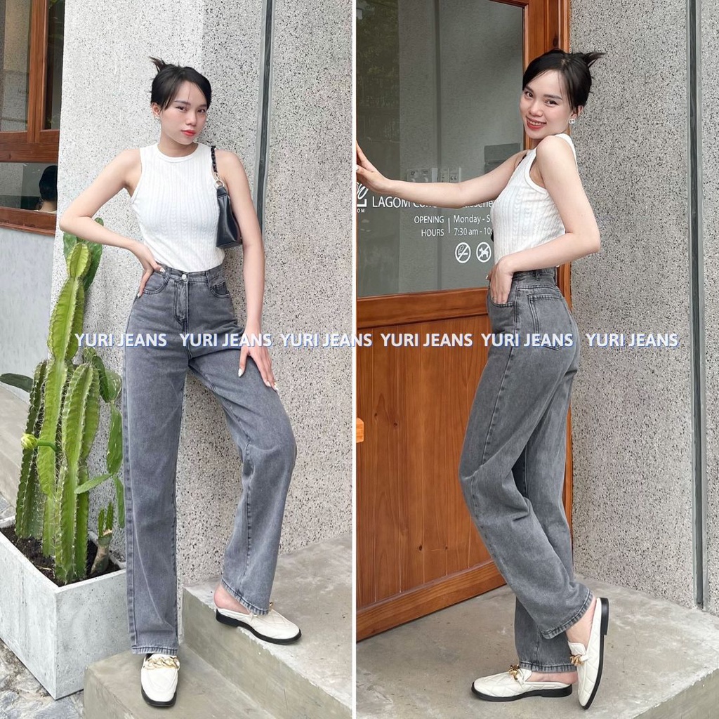 (Hình Thật Shop Chụp) Quần Jeans Ống suông Trơn  Nữ Lưng Cao Màu Xanh Shop Yuri Jeans