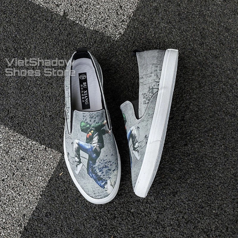 Slipon nam - Giày lười vải họa tiết hot trend - Chất liệu vải thô 2 màu xám xanh và xám trắng - Mã SP 1220 | BigBuy360 - bigbuy360.vn