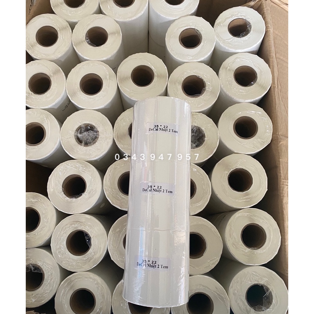 Cuộn giấy in decal nhiệt 2 tem khổ 35x22 - 72x22mm, Giấy in mã vạch, tem nhãn, bartender 2 tem hàng 35*22 - 72*22mm