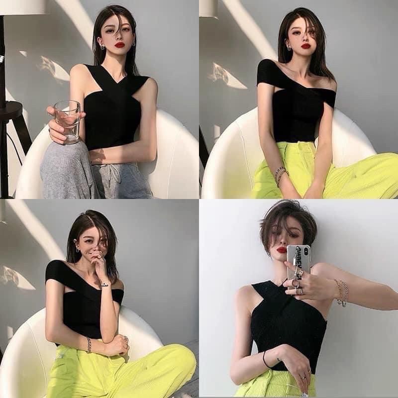Áo cổ V croptop - Áo phông dây chéo cổ HotHit - Vải thun zip ôm body - Mặc 2 kiểu - Freesize