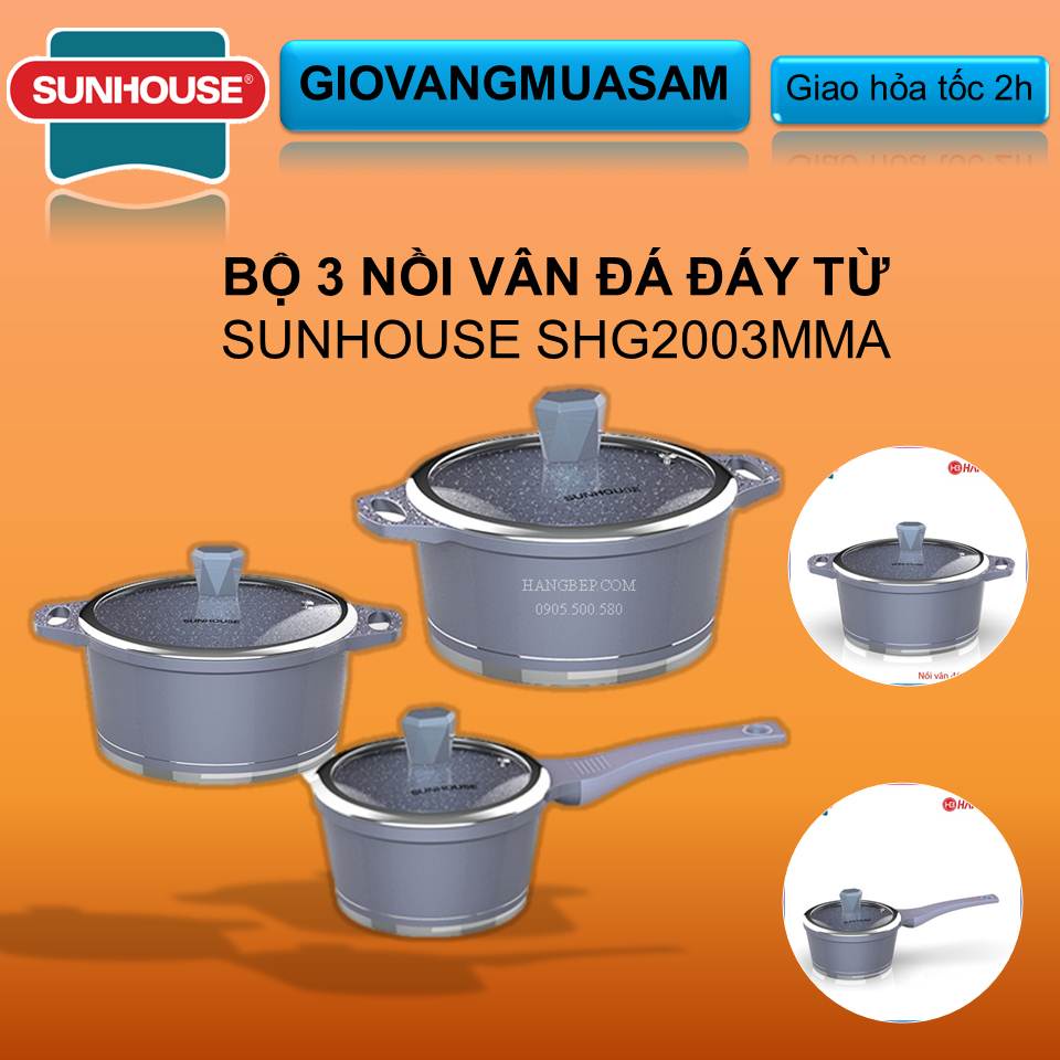 Bộ 3 nồi quánh vân đá đáy từ Sunhouse SHG2003MMA - Xanh ngọc