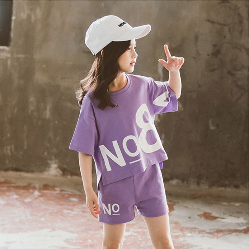 Bộ Áo Thun In Chữ + Quần Ngắn Màu Tím Bằng Vải Cotton Thời Trang Mùa Hè Mới Dành Cho Bé Gái 5-12 Tuổi 2022
