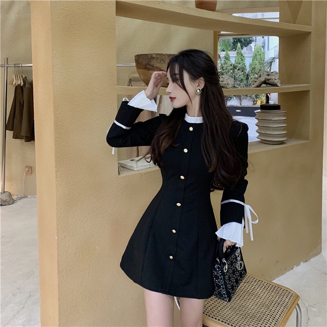 (SẴN S) Váy ôm eo xoè nhẹ, cổ phối bèo, tay xếp ly buộc nơ chất vải co dãn (có ảnh thật) | BigBuy360 - bigbuy360.vn