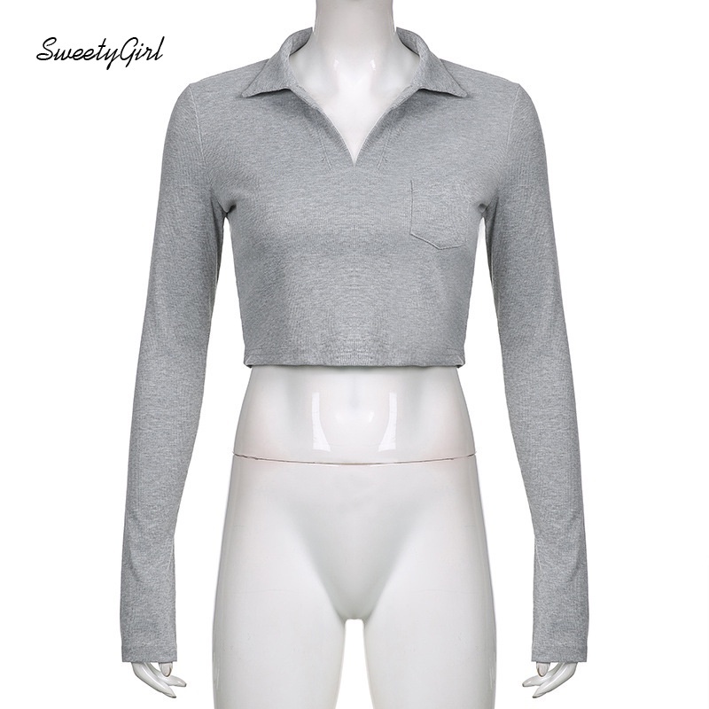 Áo Croptop Tay Dài Cổ Bẻ Màu Trơn Có Túi Thời Trang Cho Nữ