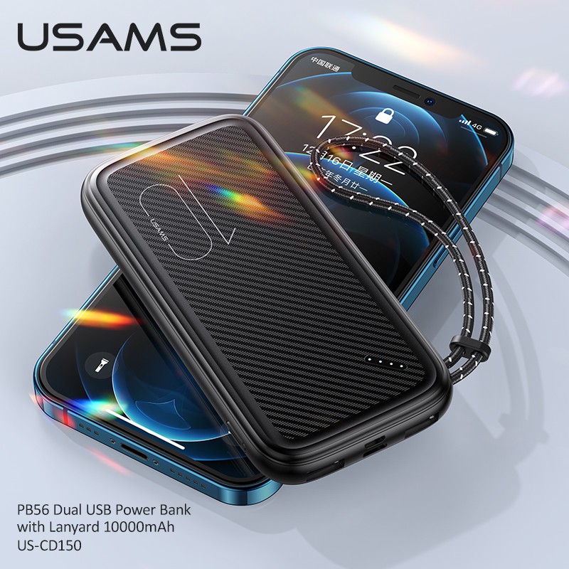 Sạc dự phòng USAMS 10000mAh hai cổng có màn hình điện tử và dây buộc cho iPhone Huawei Samsung Xiaomi Oppo Vivo Realme