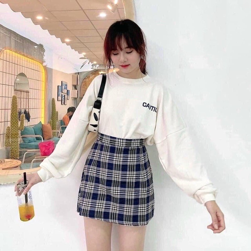 [Rẻ Vô Địch]Set Chân Váy Kẻ Caro Mix Kèm Áo Thun Dài Tay Bồng In Chữ Nhỏ Ulzzang( Có Sẵn, Ảnh Thật) | BigBuy360 - bigbuy360.vn