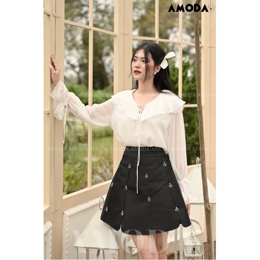 Áo sơ mi cổ bèo phối ren  thiết kế cao cấp tay bồngsiêu xinh cho nàng phong cách Hàn Quốc AMODA A009
