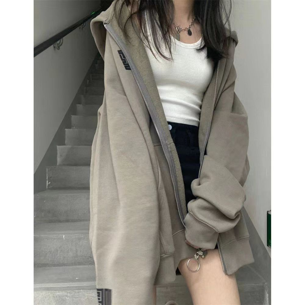Áo Khoác Hoodie Tay Dài Dáng Rộng Có Khóa Kéo Phong Cách Đường Phố Âu Mỹ Thời Trang Thu Đông Cho Nữ