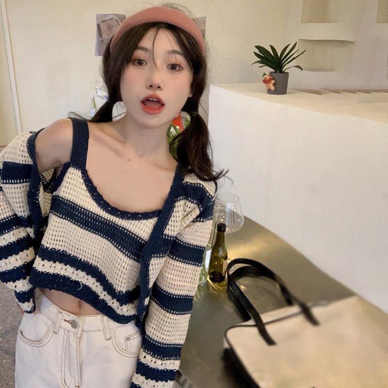 Set Áo Hai Dây + Áo Khoác Cardigan Họa Tiết Sọc Ngang Thời Trang Dành Cho Nữ